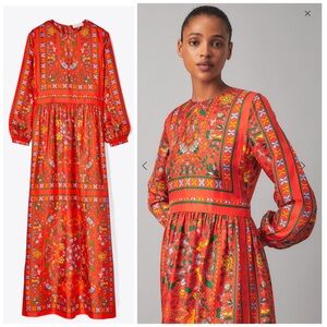 Tory Burch Vibrant Red Folk Art Long Sleeve Scarf Dress very rare